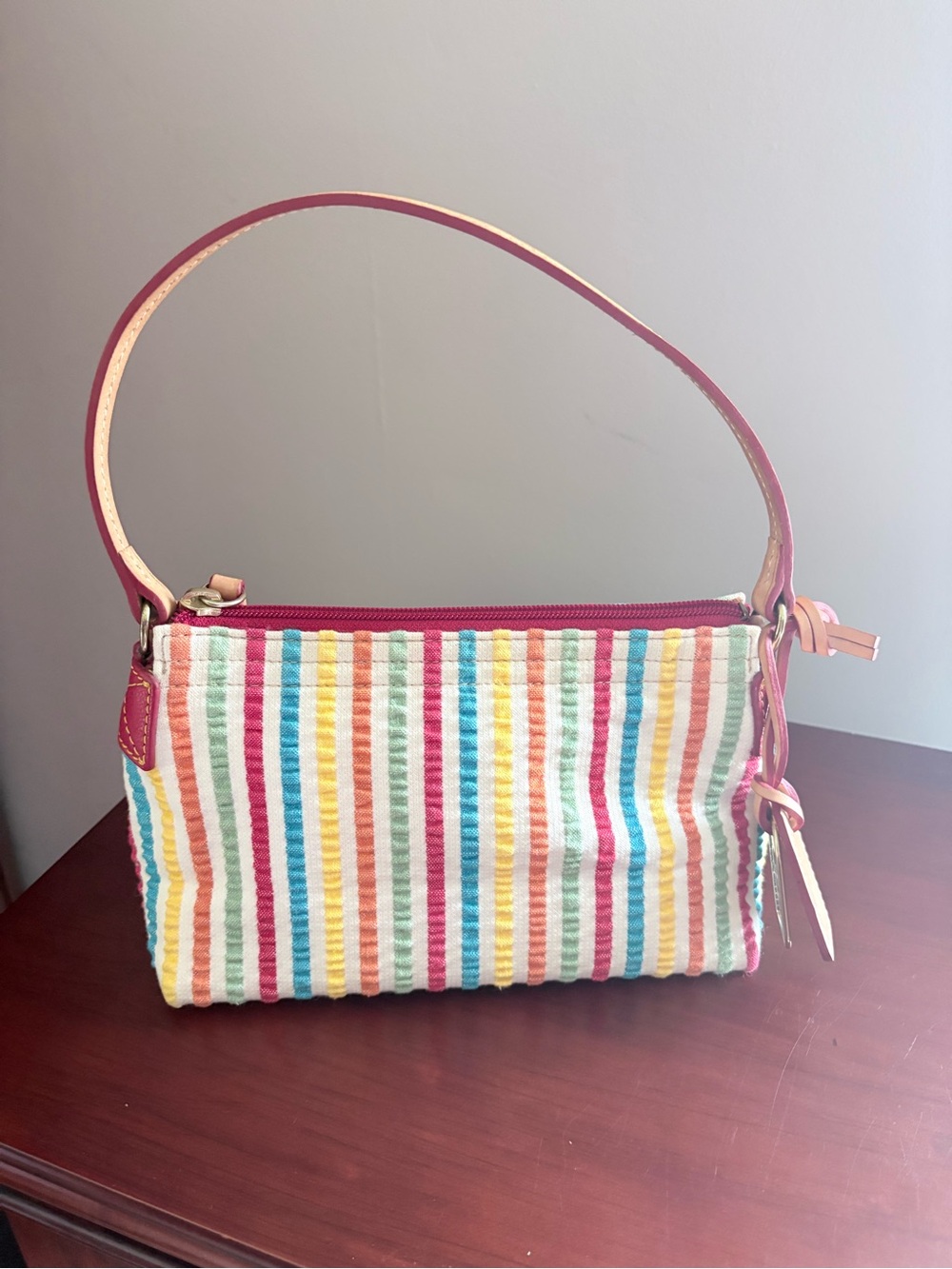 Dooney & Bourke Seersucker Multicolor Stripe Shoulder Bag w/ Bold Pink Interior